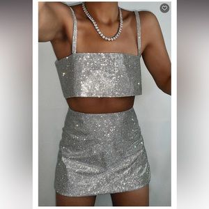 White Fox Boutique Silver Sequin Skirt and Top Set